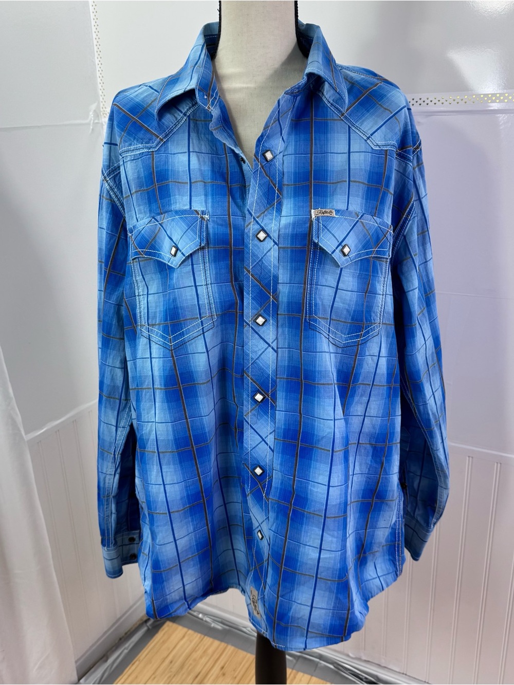 Rafter C Cowboy Collection XL Blue Plaid Pearl Snap Western Cotton Shirt Rodeo